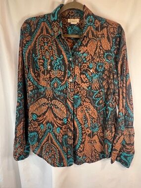 Lucky Brand Teal and Brown Printed Silk Button-Down Shirt